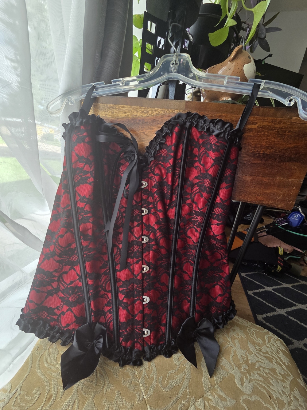 Red Lace Overbust Corset Bustier with Black Trim